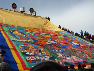 Displaying a big Thangkha at Gomar Monastery,Repkong,Amdo